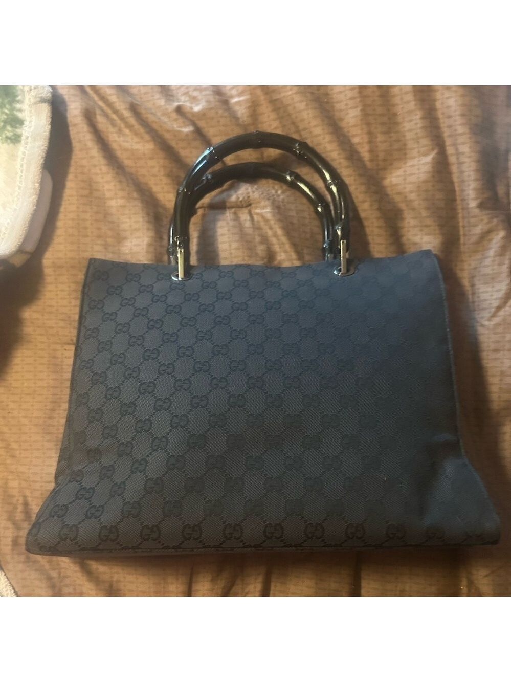 vintage Gucci black GG canvas bamboo handle tote bag